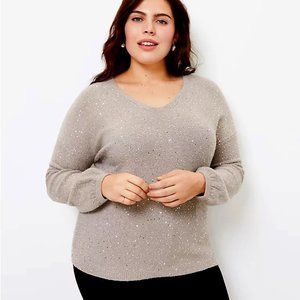 NEW Loft 24/26W Taupe Sequin Double V Neck Sweater